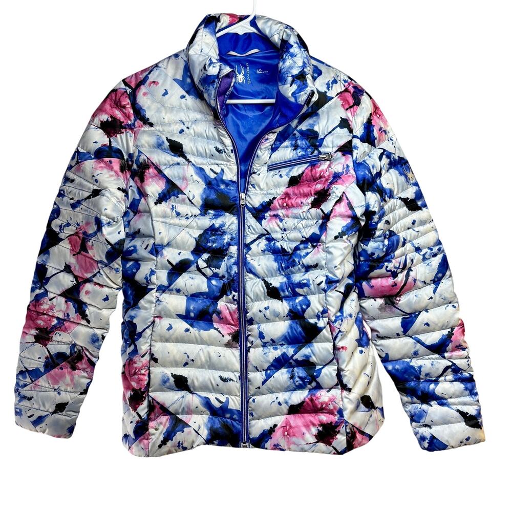 Spyder Womens Timeless Down Jacket White Pink Purple Abstract Pattern Size LARGE